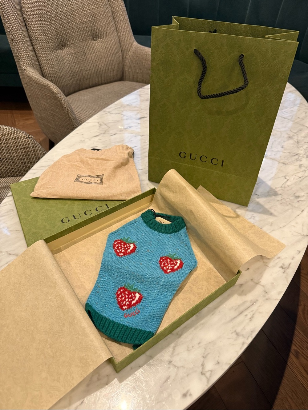 Gucci Strawberry Wool Dog Sweater XXS Blue Green New with Tags & Full Packaging